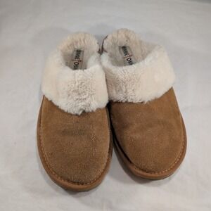 Minnetonka Womens 10 Tan Leather Faux Fur Lined Scuff Slippers 40811